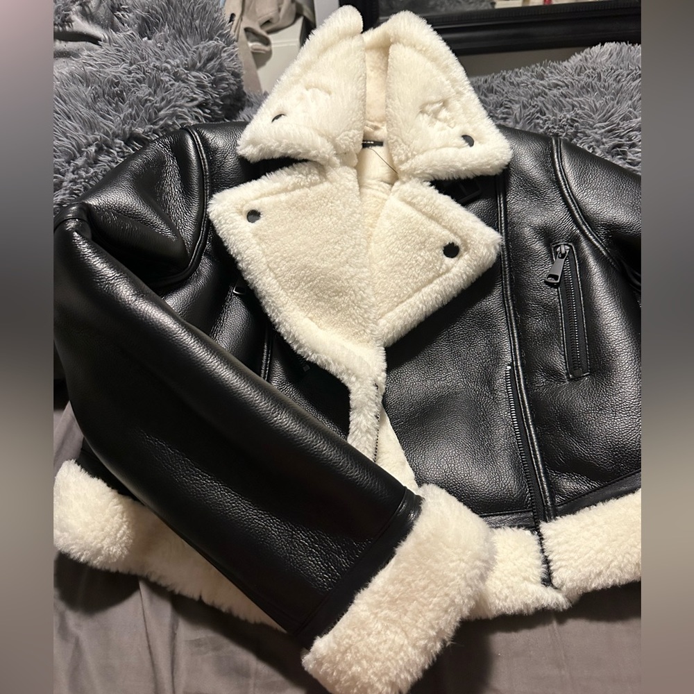 Faux Leather Shearling Aviator Jacket